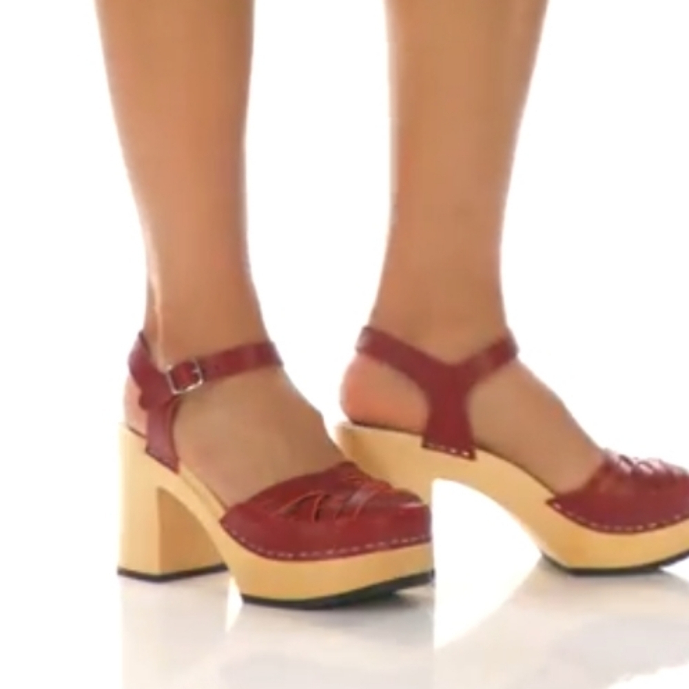 Swedish Hasbeens Red Cross Strap Elephant Leather Clog Sandal
